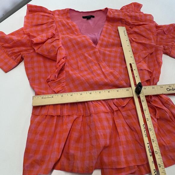 J.Crew Shirt Womens XS Pink Orange Gingham Wrap Ruffle Tie Waist Peplum AW940 - Picture 10 of 10